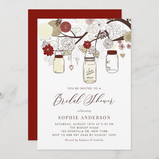 Red and Ivory Mason Jars Brautparty Einladung (Vorne/Hinten)