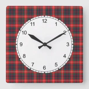 Red and Navy Blue Fraser of Lovat Modern Tartan Quadratische Wanduhr