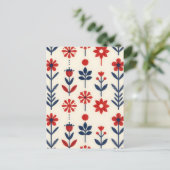 Red and Navy Folk Floral Pattern Postkarte (Stehend Vorderseite)