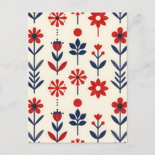 Red and Navy Folk Floral Pattern Postkarte (Vorderseite)