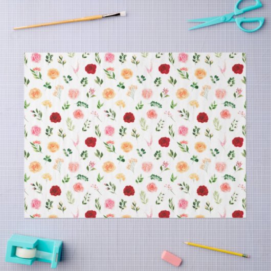 Red and Orange Flowers with Foliage Pattern Seidenpapier (Basteln)