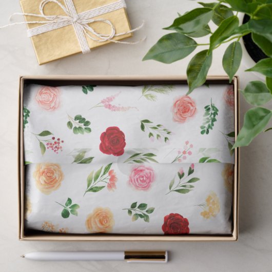 Red and Orange Flowers with Foliage Pattern Seidenpapier (Geschenk)