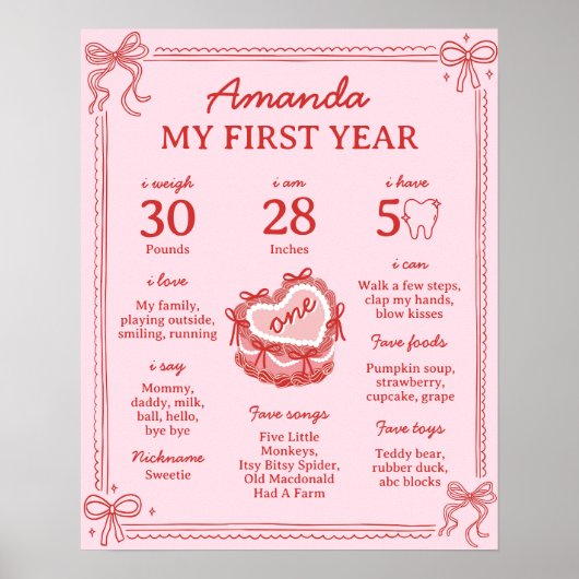 Red and Pink Bow Cake 1st Birthday Milestone Sign Poster (Vorne)