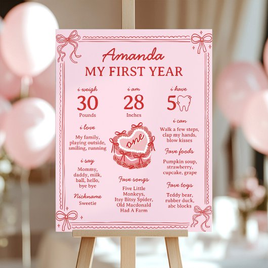 Red and Pink Bow Cake 1st Birthday Milestone Sign Poster