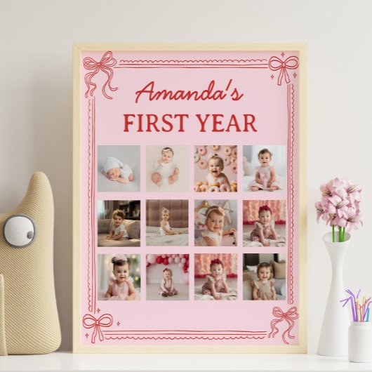Red and Pink Bow Cake Birthday Photo Milestone Poster