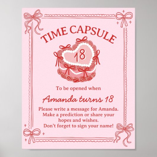 Red and Pink Bow Cake Birthday Time Capsule Sign Poster (Vorne)