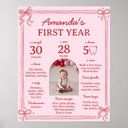 Red and Pink Bow Cake First Year Milestone Photo Poster (Vorne)