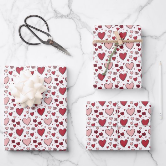 Red and Pink Hearts and Roses Doodle Art Geschenkpapier Set (Vorderseite)