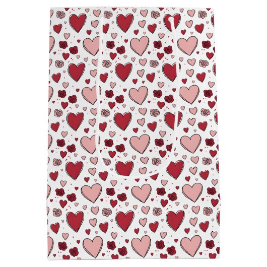 Red and Pink Hearts and Roses Doodle Wine, Small, Mittlere Geschenktüte (Rückseite)