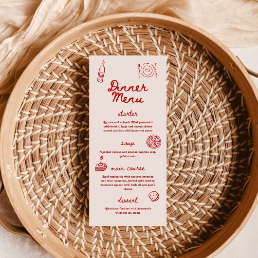 Red and Pink Retro Illustrated | Dinner Wedding Menükarte