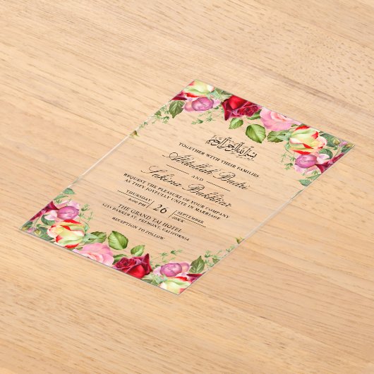 Red and Pink Roses Floral Muslim Wedding Acryleinladungen (Ablage )