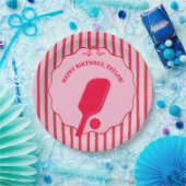 Red and Pink Striped Pickleball Birthday Party Pappteller (Party)
