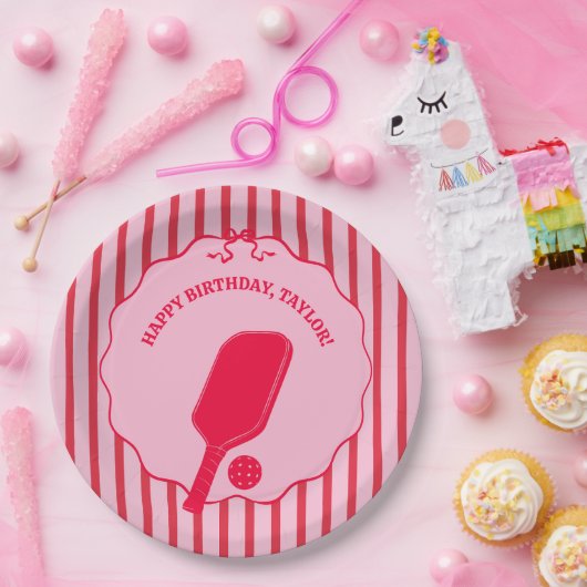 Red and Pink Striped Pickleball Birthday Party Pappteller (Party)