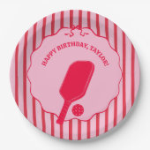 Red and Pink Striped Pickleball Birthday Party Pappteller (Vorderseite)