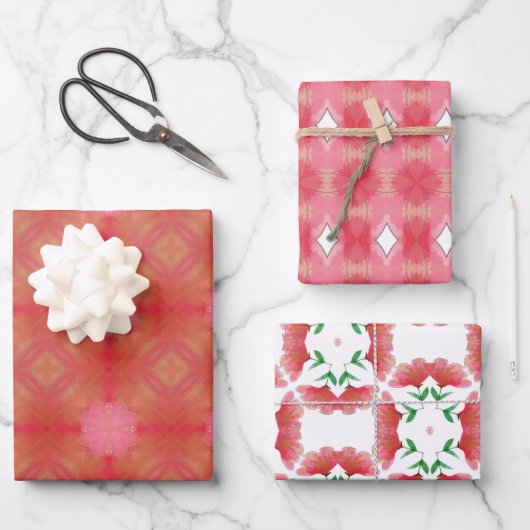 Red and pink watercolor geometric wrapping paper geschenkpapier set (Vorderseite)