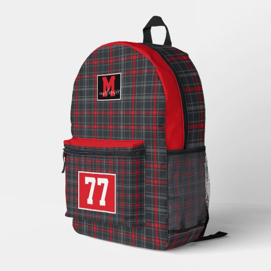Red and silver checkered tartan plaid New Mexico Bedruckter Rucksack (Rückseitige Ecke Rechts)