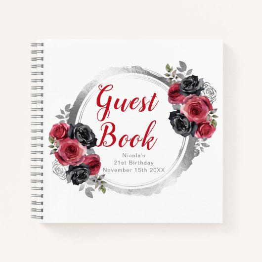 Red and Silver Elegant Flowers Birthday Guest Book Notizblock (Vorderseite)