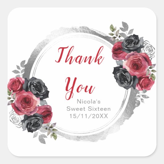 Red and Silver Elegant Flowers Sweet Sixteen Quadratischer Aufkleber (Vorderseite)