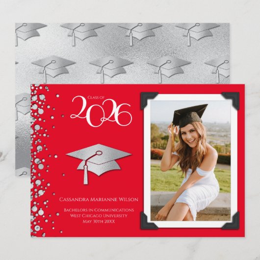 Red and Silver Graduation Announcement Photo Einladung (Vorne/Hinten)