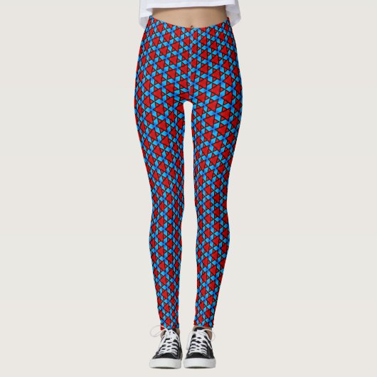 Red and Sky Blue Triangle Star Tile Leggings (Vorderseite)