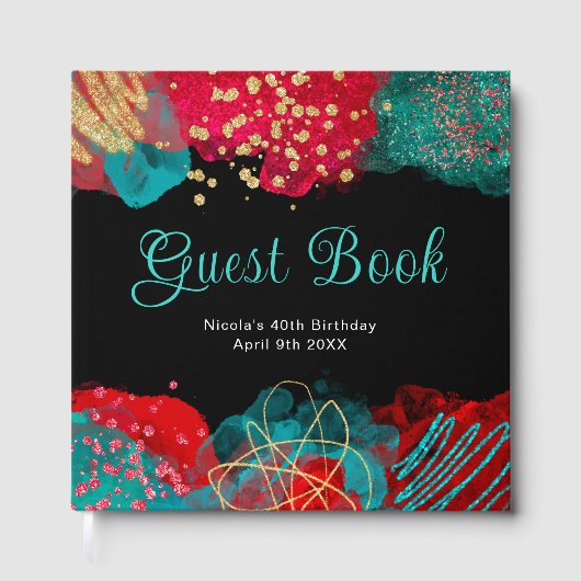 Red and Teal Blue Alcohol Ink Birthday Guest Book Gästebuch (Vorderseite)