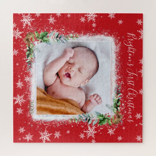 Red and White Baby's First Christmas Foto Name Puzzle (Horizontal)