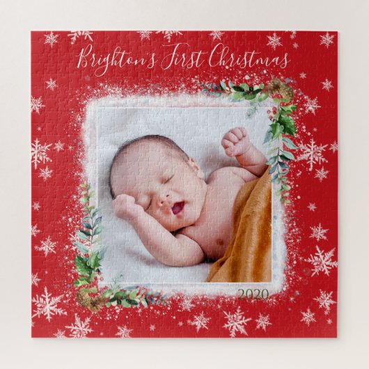 Red and White Baby's First Christmas Foto Name Puzzle (Vertikal)
