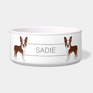 Red and White Boston Terrier Cartoon Hunde & Name Napf