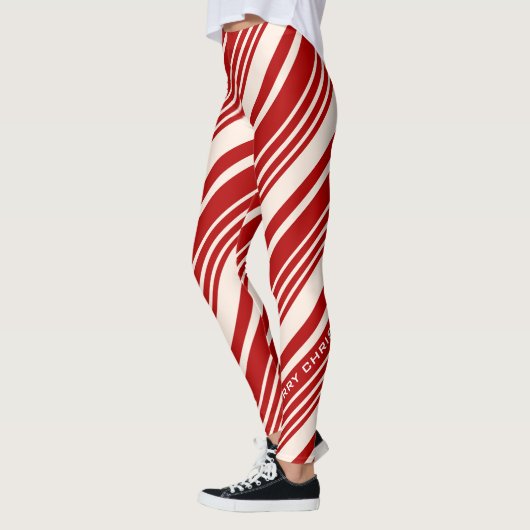 Red and White Candy Cane Stripe Frohe Weihnachten Leggings (Links)