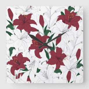 Red and White Christmas Lilies Quadratische Wanduhr