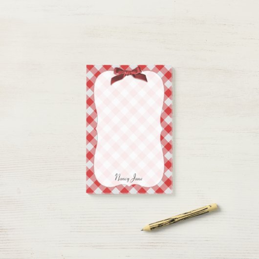 Red and White Gingham Karo Pattern Personalisiert Post-it Klebezettel (Auf Schreibtisch)