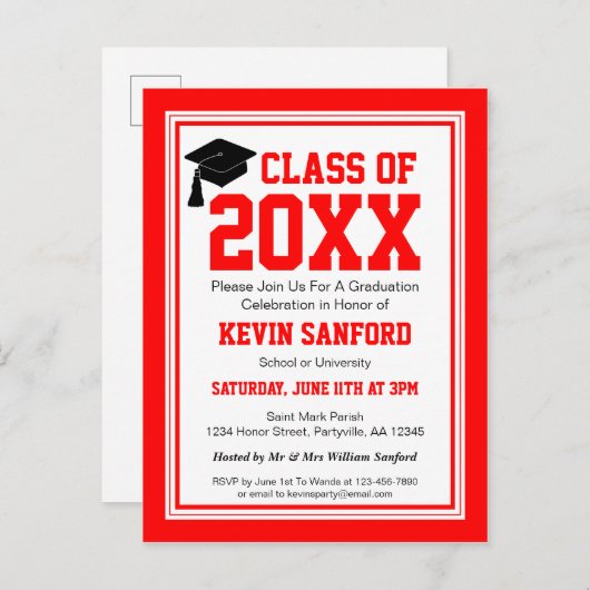 Red and White Graduation Party Einladungspostkarte (Vorne/Hinten)