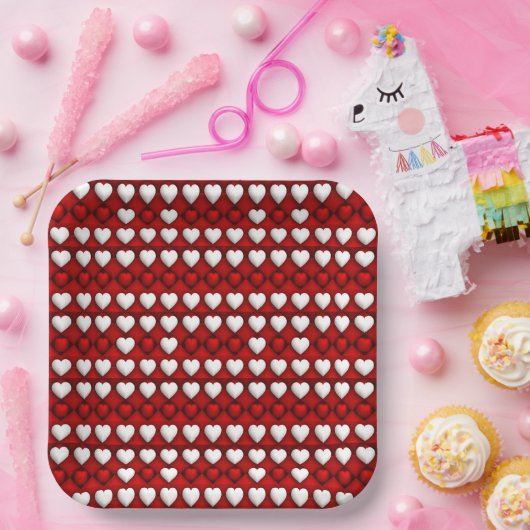 Red And White Heart Pattern Pappteller (Party)