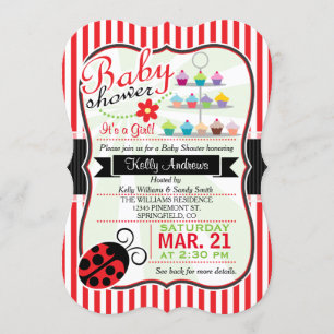Red and White Ladybug Theme Girl Baby Dusche Einladung
