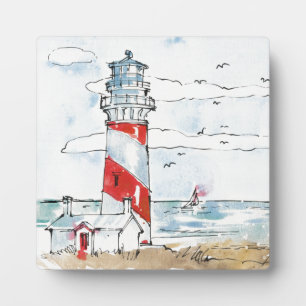 Red and White Lighthouse Scene Fotoplatte