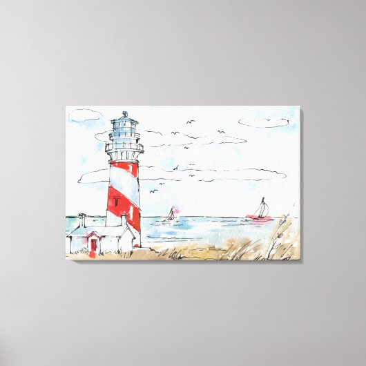 Red and White Lighthouse Scene Leinwanddruck (Vorderseite)