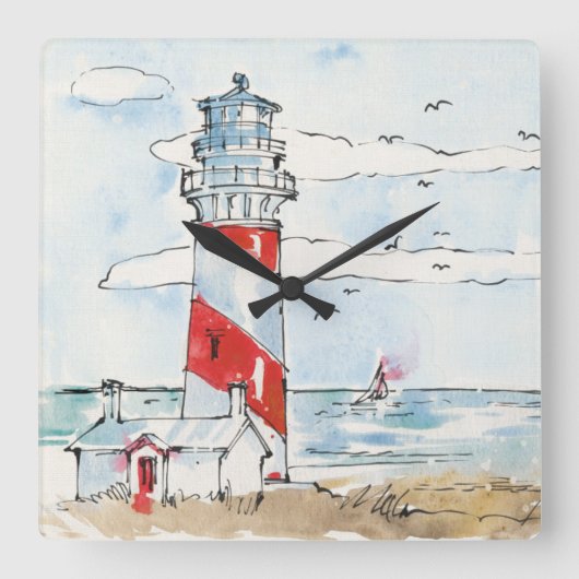 Red and White Lighthouse Scene Quadratische Wanduhr (Vorderseite)