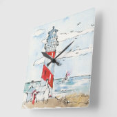 Red and White Lighthouse Scene Quadratische Wanduhr (Winkel)