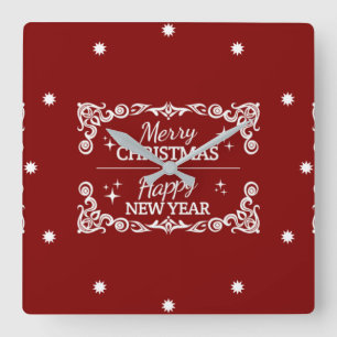 Red And White Merry Christmas And Happy New Year Quadratische Wanduhr