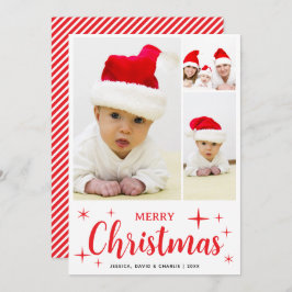 Red and White Merry Christmas Family Photo Collage Feiertagskarte