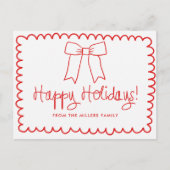 Red and White Minimalist Happy Holidays Bow Postkarte (Vorderseite)