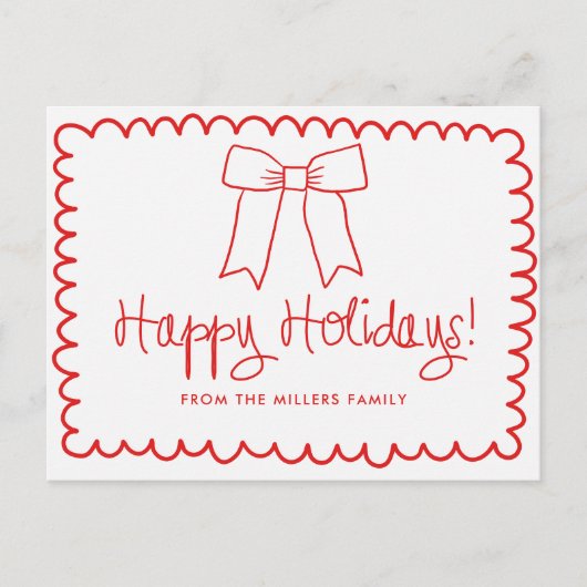Red and White Minimalist Happy Holidays Bow Postkarte (Vorderseite)