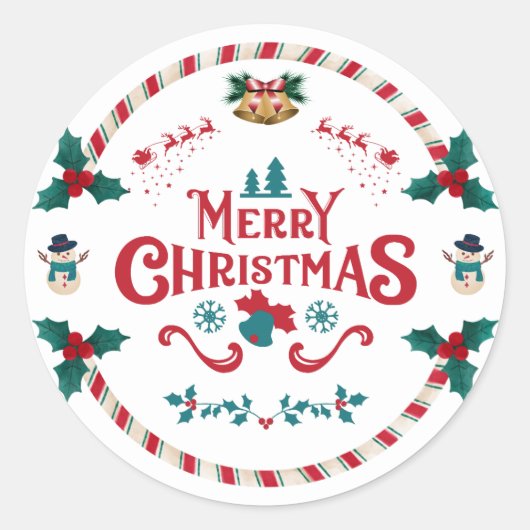 Red and White Modern Illustrative Merry Christmas  Runder Aufkleber (Vorderseite)