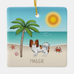 Red and White Papillon Dog Tropical Summer Beach Keramikornament