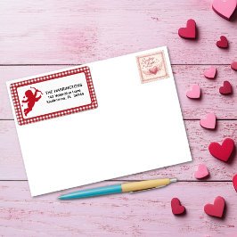 Red and White Plaid Gingham Valentine Cupid Adressaufkleber