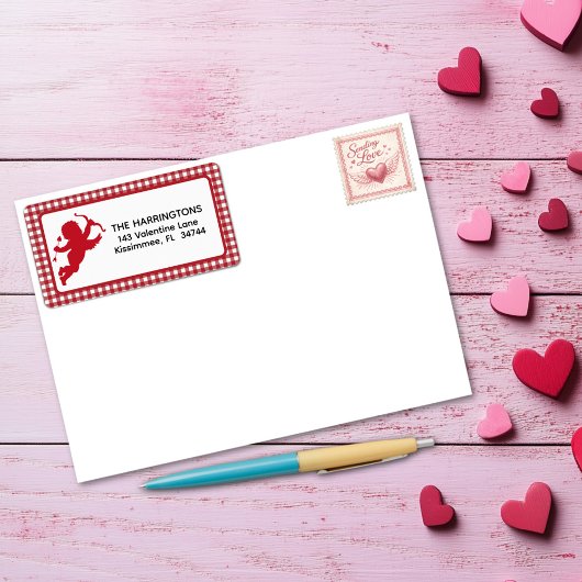 Red and White Plaid Gingham Valentine Cupid Adressaufkleber