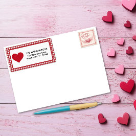 Red and White Plaid Gingham Valentine Heart Adressaufkleber