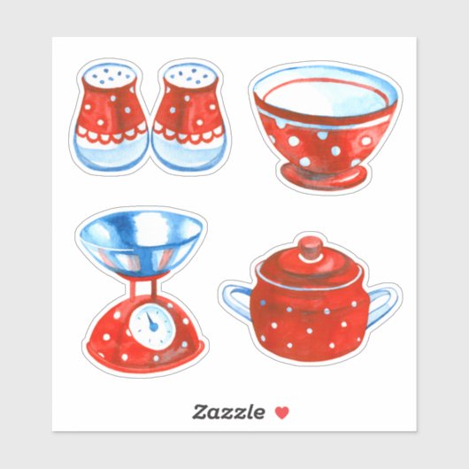 Red and White Polka Dot Kitchenware Aufkleber (Blatt)