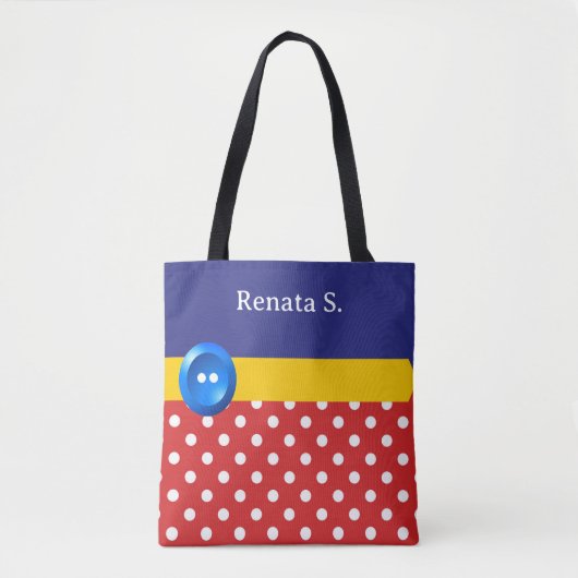 Red and White Polka Dots and Blue Button Tasche (Vorderseite)
