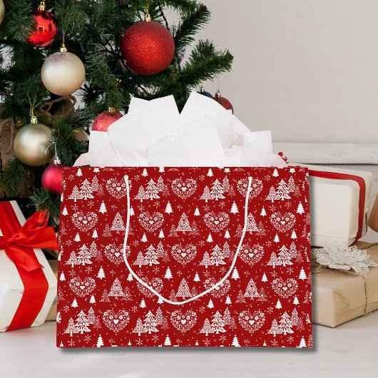 Red and White Scandinavian Heart & Christmas Tree Große Geschenktüte